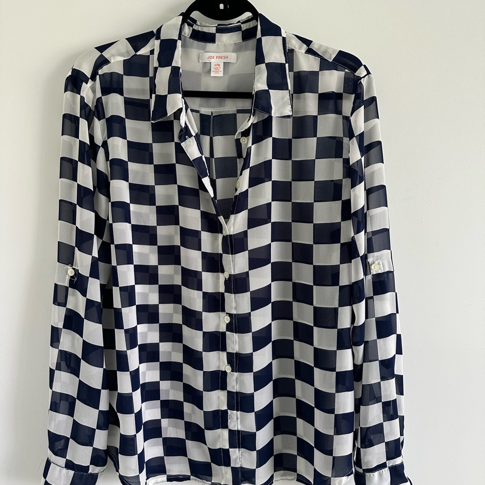 Joe Fresh Navy and White Checkered Button-Down Shirt